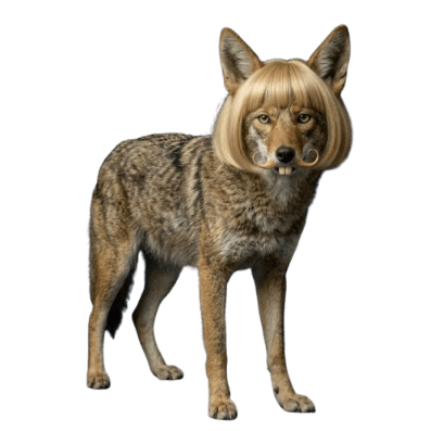 Jean le Coyote wearing a blonde bob wig and French handlebar mustache